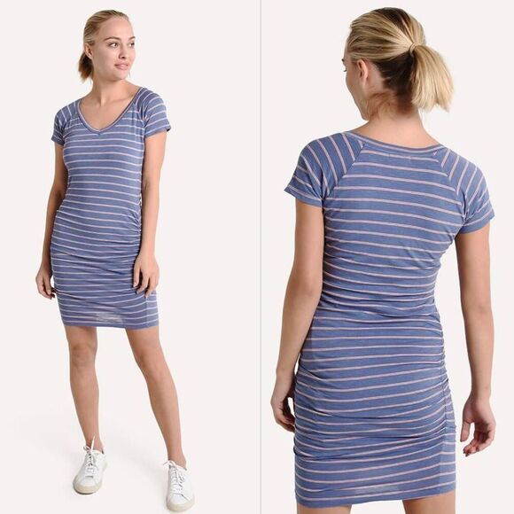 Sundry Bodycon Midi Dress Women's Small Blue Stripe V-Neck Raglan Sleeve Stretch - Picture 1 of 7